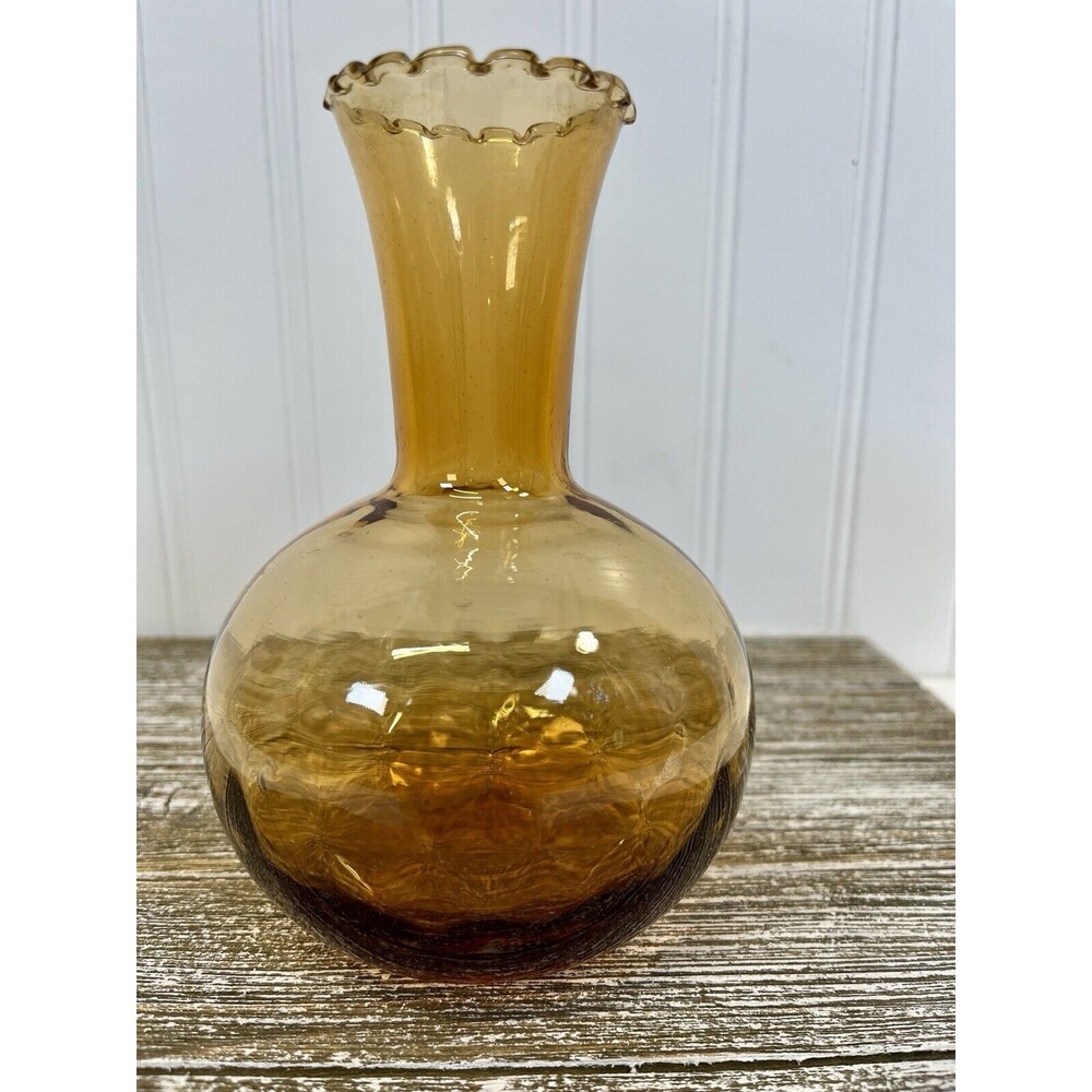 MCM QUILTED Glass Amber "vase" With‎ Ruffle Top Edge HAS 2 BUBBLES. SEE PHOTO